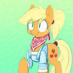 Size: 1200x1200 | Tagged: safe, artist:xieril, applejack, g4, alternate hairstyle, bandana, clothes, female, hatless, missing accessory, overalls, solo, tail wrap