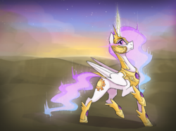 Size: 1180x879 | Tagged: safe, artist:thevixvix, princess celestia, g4, corrupted, evil, female, frown, glowing eyes, glowing horn, horn, looking at you, magic, raised hoof, raised leg, solo, twilight (astronomy)