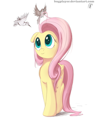 Size: 2200x2800 | Tagged: safe, artist:bugplayer, fluttershy, bird, pegasus, pony, g4, bugplayer is trying to murder us, colored pupils, cute, female, flying, folded wings, high res, looking up, mare, shadow, shyabetes, signature, simple background, smiling, solo, spread wings, walking, white background