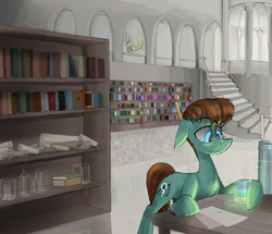 Size: 1280x1100 | Tagged: safe, artist:thevixvix, oc, oc only, oc:timid, earth pony, pegasus, pony, beaker, book, floppy ears, flying, glasses, hoof hold, lab, library, liquid rainbow, pencil, raised eyebrow, science, scroll