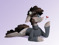 Size: 1280x974 | Tagged: safe, artist:thevixvix, oc, oc only, blushing, clothes, cross, floppy ears, flower, flower in hair, heart, looking at you, prone, simple background, smiling, solo, sweater, wink