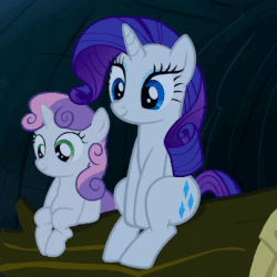 Size: 403x403 | Tagged: safe, screencap, rarity, sweetie belle, pony, unicorn, g4, season 3, sleepless in ponyville, animated, blinking, cute, daaaaaaaaaaaw, diasweetes, duo, female, filly, foal, gif, hasbro is trying to murder us, log, looking at you, mare, raribetes, sisters, sitting, smiling, weapons-grade cute