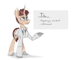Size: 1280x1010 | Tagged: safe, artist:thevixvix, oc, oc only, oc:tic, clothes, lab coat, psychology, raised hoof, scientist, simple background, solo