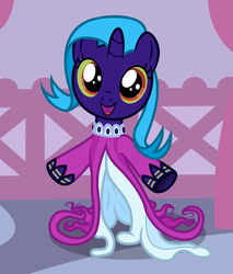 Size: 1716x2016 | Tagged: safe, artist:badumsquish, derpibooru exclusive, oc, oc only, oc:glad rags, clothes pony, hybrid, object pony, original species, pony, do princesses dream of magic sheep, g4, abomination, adoracreepy, badumsquish strikes again, bipedal, clothes, creepy, cute, dress, female, filly, happy, interspecies offspring, living clothes, looking at you, nightmare, offspring, parent:nightmare dress monster, parent:rarity, ponified, red eyes, solo, story in the comments