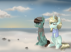Size: 1280x933 | Tagged: safe, artist:thevixvix, oc, oc only, oc:tia, oc:timid, beach, beanie, clothes, cute, female, hat, male, scarf, straight, transitional skies