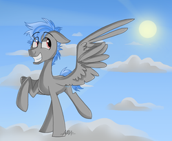 Size: 1024x839 | Tagged: safe, artist:thevixvix, oc, oc only, oc:cloud tumble, pegasus, pony, cloud, cute, floppy ears, grin, hooves, male, on a cloud, prancing, raised hoof, smiling, solo, stallion, standing on a cloud, sun, wings