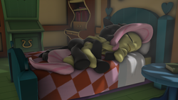 Size: 1280x720 | Tagged: safe, artist:sosoft, fluttershy, oc, g4, 3d, canon x oc, cuddling, hug, shipping, snuggling, spooning