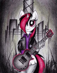 Size: 1024x1304 | Tagged: safe, artist:thechrispony, oc, oc only, oc:blackjack, cyborg, pony, unicorn, fallout equestria, fallout equestria: project horizons, bipedal, electric guitar, fanfic, fanfic art, female, guitar, hoofington, hooves, horn, les paul, level 1 (project horizons), looking at you, mare, metal, music, musical instrument, smiling, solo, traditional art