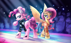 Size: 1500x899 | Tagged: safe, artist:tsitra360, fluttershy, pinkie pie, earth pony, pegasus, pony, g4, bubblegum, butt, catwalk, clothes, dock, fashion show, featureless crotch, female, food, glasses, gum, hippie, hippieshy, jacket, looking back, mare, pants, plot, punk, punkie pie, signature, smiling, spread wings, the ass was fat
