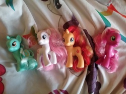 Size: 2592x1944 | Tagged: safe, cheerilee, lyra heartstrings, nurse redheart, sunset shimmer, pony, unicorn, g4, bedsheets, brushable, female, hasbro, irl, photo, toy