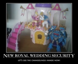 Size: 602x496 | Tagged: safe, princess cadance, shining armor, a canterlot wedding, g4, beast hunters, brushable, irl, motivational poster, photo, royal wedding, toy, transformers, transformers prime, ultra magnus