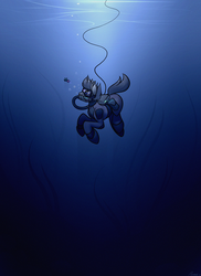 Size: 1024x1408 | Tagged: dead source, safe, artist:whitepone, earth pony, fish, pony, crepuscular rays, crossover, deep water, goggles, hose, mask, oculus (subnautica), scuba gear, seaweed, solo, subnautica, swim mask, thalassophobia, underwater, wetsuit