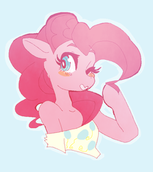 Size: 496x556 | Tagged: safe, artist:xiaoxinge, pinkie pie, earth pony, semi-anthro, g4, blue background, blushing, bust, clothes, cute, diapinkes, female, off shoulder, simple background, solo, wink