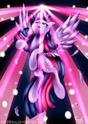 Size: 1024x1448 | Tagged: safe, artist:julunis14, twilight sparkle, alicorn, pony, g4, feather, female, flying, magic, mare, solo, strobe lights, twilight sparkle (alicorn)