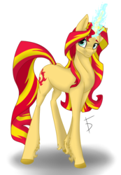 Size: 737x1062 | Tagged: safe, artist:fullmoondagger, sunset shimmer, pony, unicorn, g4, backwards cutie mark, female, magic, simple background, solo, transparent background, unshorn fetlocks