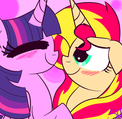 Size: 515x500 | Tagged: safe, artist:sapphireuniverse, sunset shimmer, twilight sparkle, alicorn, pony, unicorn, g4, blushing, female, lesbian, mare, ship:sunsetsparkle, shipping, twilight sparkle (alicorn)