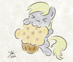 Size: 574x484 | Tagged: safe, artist:noxdrachen, derpy hooves, pegasus, pony, g4, :3, cute, derpabetes, female, food, mare, muffin, nom, solo, that pony sure does love muffins