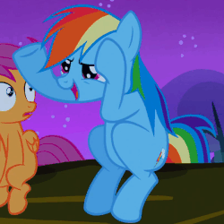 Size: 402x402 | Tagged: safe, screencap, rainbow dash, scootaloo, pegasus, pony, g4, sleepless in ponyville, animated, blinking, female, filly, foal, folded wings, hoofy-kicks, mare, open mouth, scared, sitting, wings
