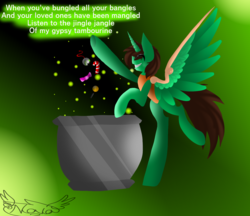 Size: 1480x1280 | Tagged: safe, artist:novanightmarebrine, oc, oc only, oc:frost d. tart, alicorn, pony, friendship is witchcraft, gypsy bard, alicorn oc, candy, cauldron, eyeball, eyes closed, food, lyrics, smiling