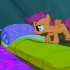 Size: 139x139 | Tagged: safe, screencap, scootaloo, pegasus, pony, g4, sleepless in ponyville, animated, bed, camping, cute, cutealoo, female, filly, foal, sitting, sleeping bag, solo