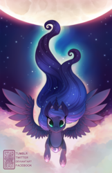 Size: 900x1391 | Tagged: safe, artist:starshinebeast, princess luna, g4, female, flying, flying at you, looking at you, moon, solo