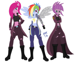 Size: 3939x3224 | Tagged: safe, artist:e-e-r, maud pie, pinkie pie, rainbow dash, equestria girls, g4, the cutie re-mark, alternate timeline, amputee, apinkalypse pie, apocalypse dash, apocalypse maud, augmented, badass, badass longcoat, belly button, breasts, busty maud pie, busty pinkie pie, busty rainbow dash, cleavage, clothes, crystal war timeline, cybernetic arm, female, high res, longcoat, midriff, pinkamena diane pie, ponied up, pony ears, prosthetic arm, prosthetic limb, prosthetic wing, prosthetics, simple background, torn clothes, torn ear, transparent background
