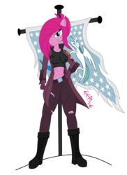 Size: 2550x3510 | Tagged: safe, artist:e-e-r, pinkie pie, princess celestia, equestria girls, g4, the cutie re-mark, alternate timeline, apinkalypse pie, belly button, crystal war timeline, flag, high res, midriff, pinkamena diane pie, simple background, soldier, transparent background