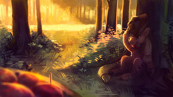 Size: 1024x574 | Tagged: safe, artist:krooku, applejack, g4, apple, female, food, forest, mouth hold, river, sitting, solo, tree