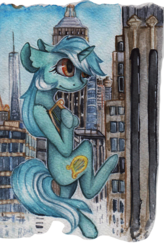 Size: 1228x1871 | Tagged: dead source, safe, artist:rinioshi, lyra heartstrings, pony, unicorn, g4, city, female, giant pony, lyre, macro, musical instrument, solo, traditional art, watercolor painting