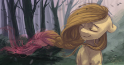 Size: 1260x664 | Tagged: safe, artist:amishy, oc, oc only, eyes closed, floppy ears, forest, leaves, solo, windswept mane