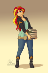 Size: 1280x1913 | Tagged: safe, artist:fairdahlia, sunset shimmer, equestria girls, g4, book, cleavage, female, smiling, solo