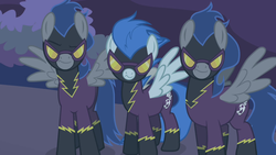 Size: 1280x720 | Tagged: safe, screencap, descent, nightshade, pegasus, pony, friendship is magic, g4, clothes, costume, female, male, mare, shadowbolts, shadowbolts costume, spread wings, stallion, trio, wings