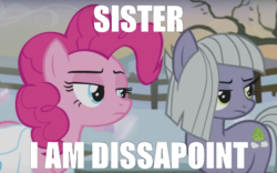 Size: 1170x728 | Tagged: safe, edit, edited screencap, screencap, limestone pie, pinkie pie, g4, hearthbreakers, frown, meme, son i am disappoint, text edit