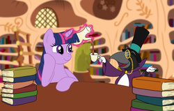 Size: 800x508 | Tagged: safe, artist:r0se-demon, twilight sparkle, crow, g4, book, crossover, food, hat, leaning, levitation, magic, monocle, open mouth, poe, ruby gloom, smiling, tea, teacup, teapot, telekinesis, top hat