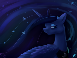 Size: 2592x1945 | Tagged: safe, artist:marshmellowcannibal, artist:voidsucre, princess luna, alicorn, pony, g4, ethereal mane, female, jewelry, lidded eyes, mare, open mouth, regalia, solo, starry mane, stars