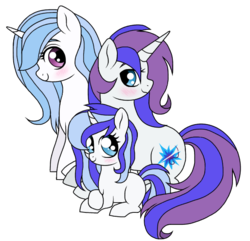 Size: 586x565 | Tagged: safe, artist:unoriginai, oc, oc only, oc:glam rock, oc:razzle dazzle, oc:starbright, bedroom eyes, blushing, crack shipping, cute, family, female, filly, lesbian, looking at you, magical lesbian spawn, oc x oc, offspring, offspring shipping, offspring's offspring, parent:oc:glam rock, parent:oc:starbright, parent:rarity, parent:vinyl scratch, parents:oc x oc, parents:rariscratch, prone, shipping, simple background, sitting, smiling, transparent background