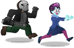 Size: 1024x667 | Tagged: safe, artist:aleximusprime, principal abacus cinch, equestria girls, g4, attempted murder, chainsaw, clothes, female, hockey mask, jason voorhees, principal cinch gets whats coming to her, running, simple background, transparent background
