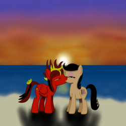 Size: 2500x2500 | Tagged: safe, artist:bravegunner, oc, oc only, oc:theponyran, beach, cute, female, high res, kissing, male, ocean, straight, sunset, water
