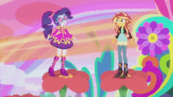 Size: 480x270 | Tagged: safe, edit, edited screencap, screencap, rarity, sunset shimmer, equestria girls, friendship through the ages, g4, animated, female, reversed