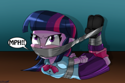 Size: 756x505 | Tagged: safe, artist:gaggeddude32, twilight sparkle, equestria girls, g4, bondage, breasts, duct tape, female, gag, hogtied, muffled moaning, solo, tape gag