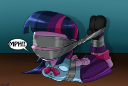 Size: 756x505 | Tagged: safe, artist:gaggeddude32, twilight sparkle, equestria girls, g4, blindfold, bondage, breasts, duct tape, female, gag, hogtied, muffled moaning, solo, tape gag