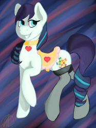 Size: 305x408 | Tagged: safe, artist:poisonivylower, coloratura, g4, charm, clothes, collar, commission, female, heart, pendant, pet tag, saddle, solo, stockings
