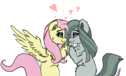 Size: 1043x633 | Tagged: safe, artist:saphi-boo, fluttershy, marble pie, g4, chest fluff, fangs, female, fluffy, lesbian, ship:marbleshy, shipping