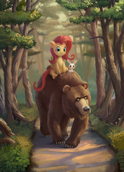Size: 865x1200 | Tagged: dead source, safe, artist:maggwai, angel bunny, fluttershy, harry, bear, pegasus, pony, g4, female, forest, looking at you, mare, path, ponies riding bears, riding, riding a bear, trio, your argument is invalid