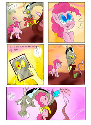 Size: 2480x3425 | Tagged: safe, artist:falloutmuse, discord, pinkie pie, g4, awww, butt, christmas, comic, cute, discordlove, discute, female, hug, love, male, mirror, plot, present, ship:discopie, shipping, straight