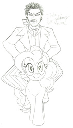 Size: 1119x1975 | Tagged: safe, artist:terry, pinkie pie, earth pony, human, pony, g4, clothes, crossover, duo, front view, humans riding ponies, lineart, monochrome, pipe, riding, robert downey jr, sherlock holmes, simple background