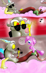 Size: 2598x4133 | Tagged: safe, artist:falloutmuse, discord, pinkie pie, g4, cloud, cotton candy, cotton candy cloud, female, food, male, ship:discopie, shipping, straight, sunglasses
