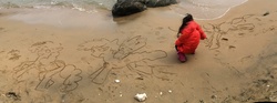 Size: 1600x594 | Tagged: safe, pinkie pie, rainbow dash, human, g4, beach, drawing, irl, irl human, photo, sand, sand art, sand doodle