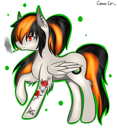 Size: 1674x1836 | Tagged: safe, artist:cannoncar, oc, oc only, oc:cannon car, pegasus, pony, cigarette, ear piercing, earring, female, mare, mark of the outsider, piercing, simple background, smoking, solo, tattoo, white background