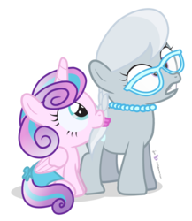 Size: 825x950 | Tagged: safe, artist:dm29, princess flurry heart, silver spoon, alicorn, earth pony, pony, spoiler:s06, cute, duo, female, filly, flurrybetes, glasses, jewelry, julian yeo is trying to murder us, mane bite, necklace, pearl necklace, pun, simple background, transparent background, visual pun
